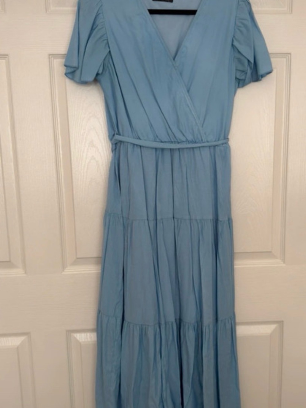 Light Blue Wrap Maxi Dress - Elegant Tiered Design